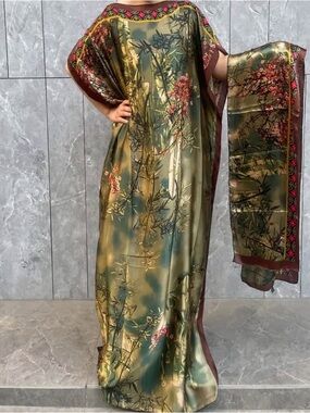 Olive Green Floral Satin Maxi Dress